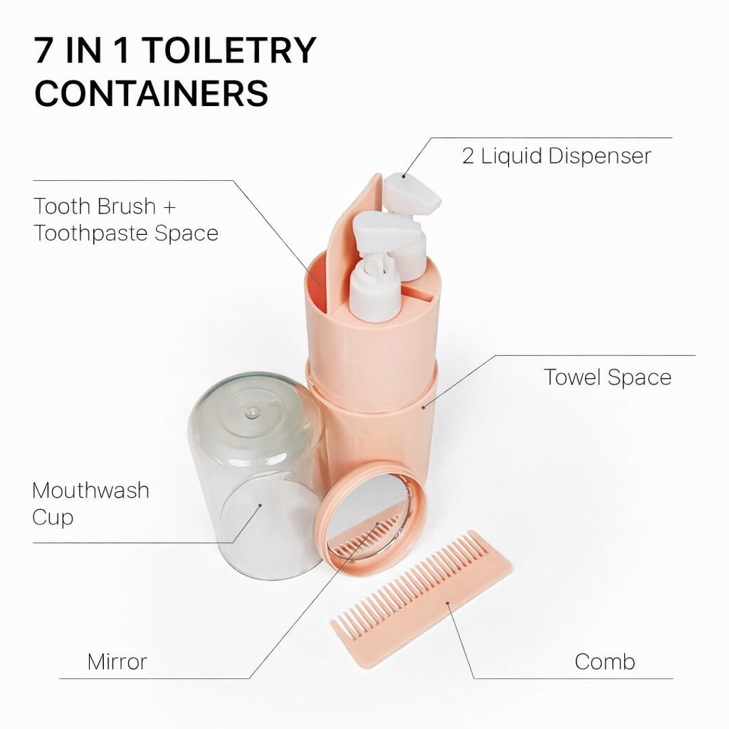 Lazer 7 in 1 Travel Kit for Toiletries, Compact Travel Essentials Set with Bottles, Toothbrush Holder & Leakproof Dispensers for Men & Women (Peach)