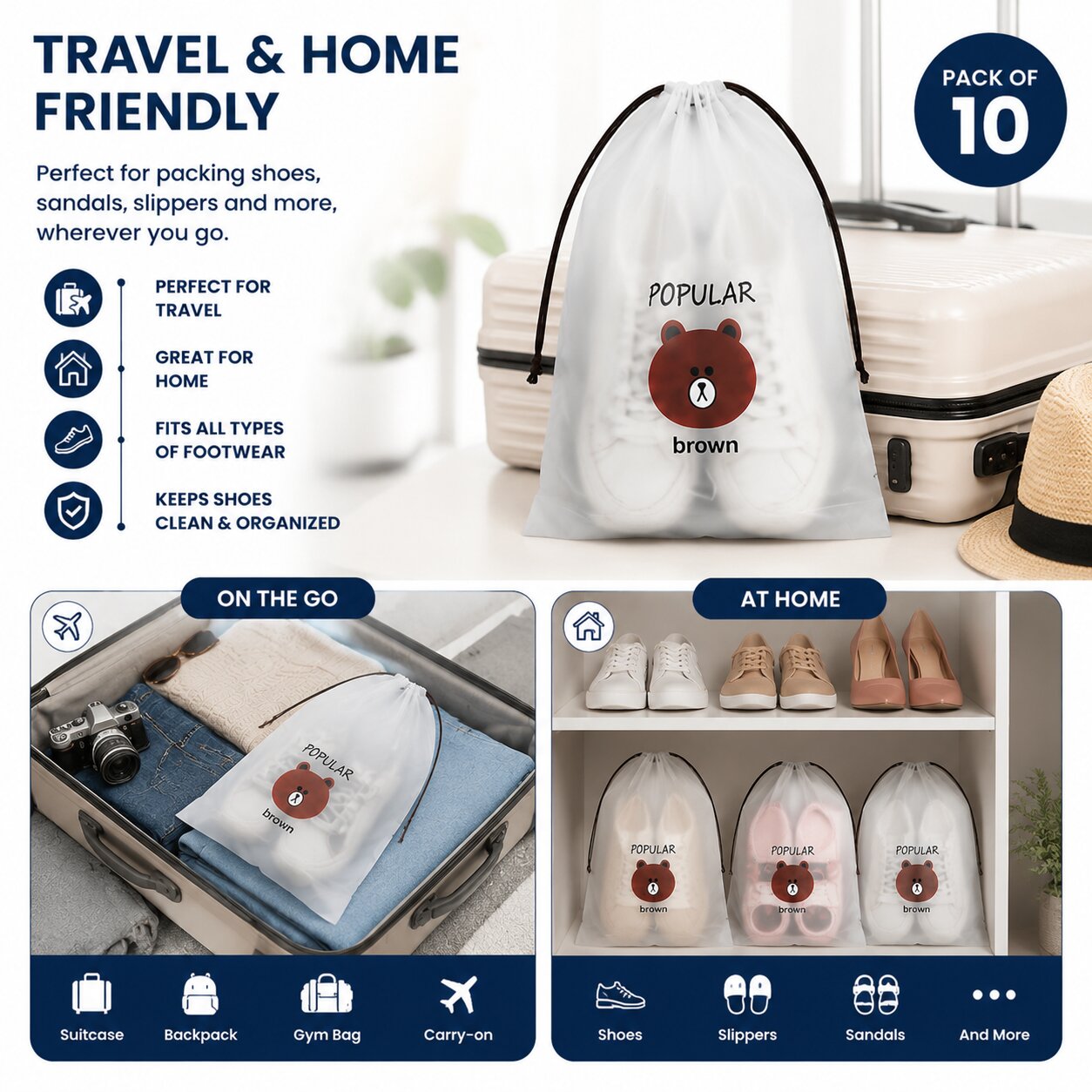 Lazer Travel Pack of 10 Shoe Bags for Packing, Drawstring Dustproof Shoe Storage Bags, Portable Clear Shoe Pouches for Men & Women, Large 30 x 35 cm