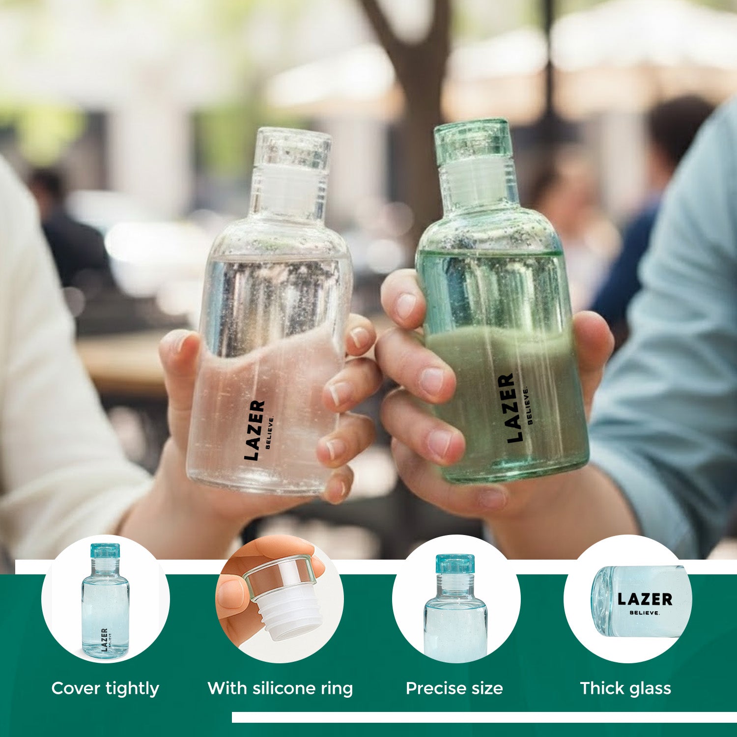 Lazer Pure Borosilicate Glass Water Bottle Set of 4 – 300ml Each, BPA-Free, Eco-Friendly, Leak-Proof & Durable (Transparent, Green, Blue, Yellow)