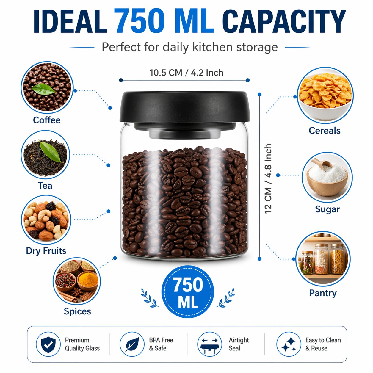 Lazer 750 ML Vacuum Borosilicate Glass Jar with Airtight Lid, Food Saver Sealer Attachment, Storage Container for Coffee Beans, Oats, Spices, Sugar