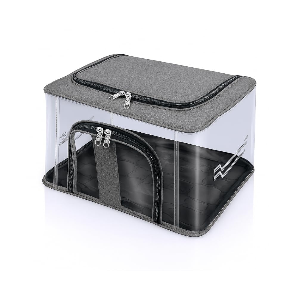 Lazer Pack of 2 Clothes Storage Bags – 33L Nylon Wardrobe Organizer with Transparent PVC Window, Moisture Proof Saree & Clothes Storage Box with Carry Handle (Grey, 44 x 31 x 24 cm)