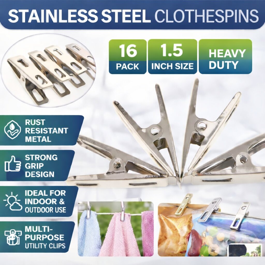 Lazer 16 Pack Stainless Steel Clothespins – Durable 1.5" Utility Clips for Clothesline, Laundry, Craft Projects, Photo Clips & Home Organization