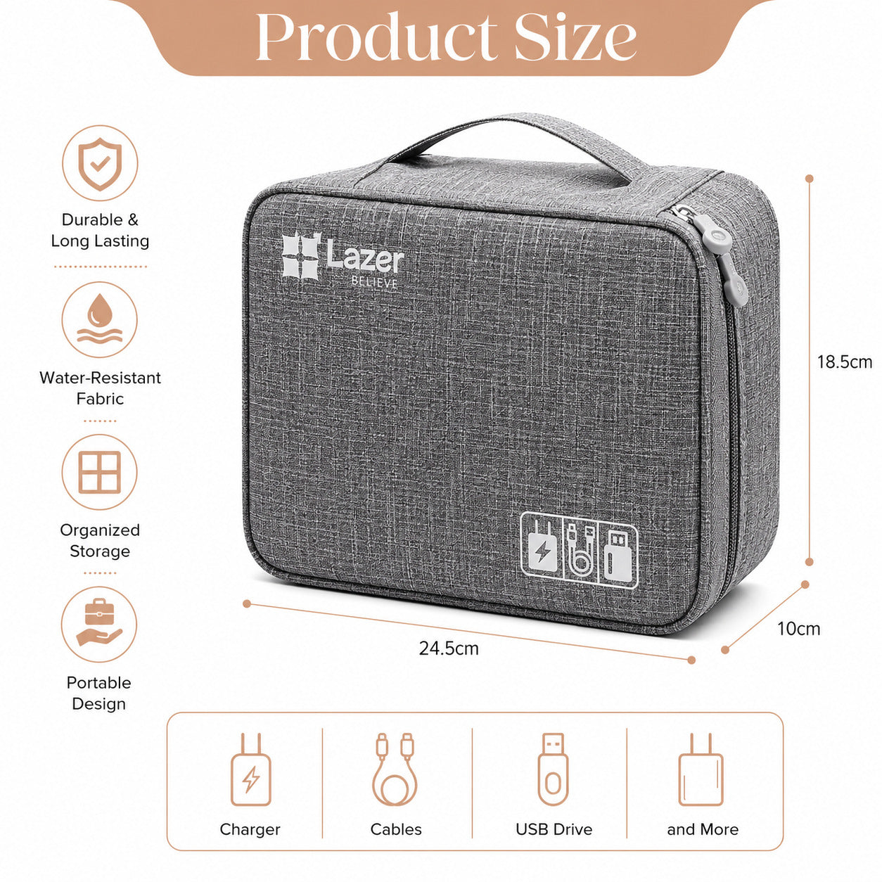 Lazer Polyester Electronics Accessories Organizer Bag, Universal Carry Travel Gadget Bag For Cables, Plug And More, Perfect Size Fits For Pad Phone Charger Hard Disk - Grey