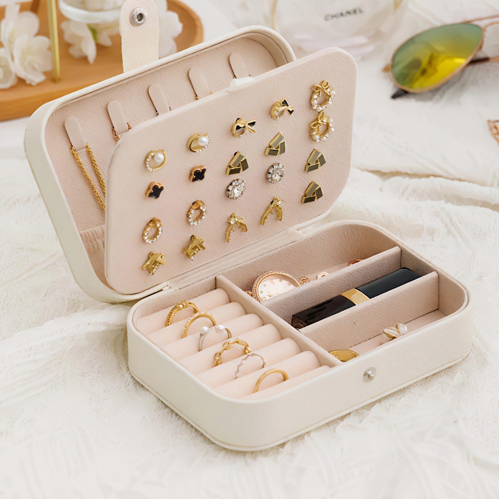 Lazer Jewellery Organiser PU Leather Zipper Portable Storage Box Case with Dividers Container for Rings, Earrings, Necklace Home Organizer
