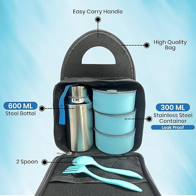 Lazer Stainless Steel Lunch Box Set 770ml – 3 Leakproof Containers, 500ml Steel Water Bottle, Cutlery & Insulated Carry Bag for Office, School & Travel (Blue)