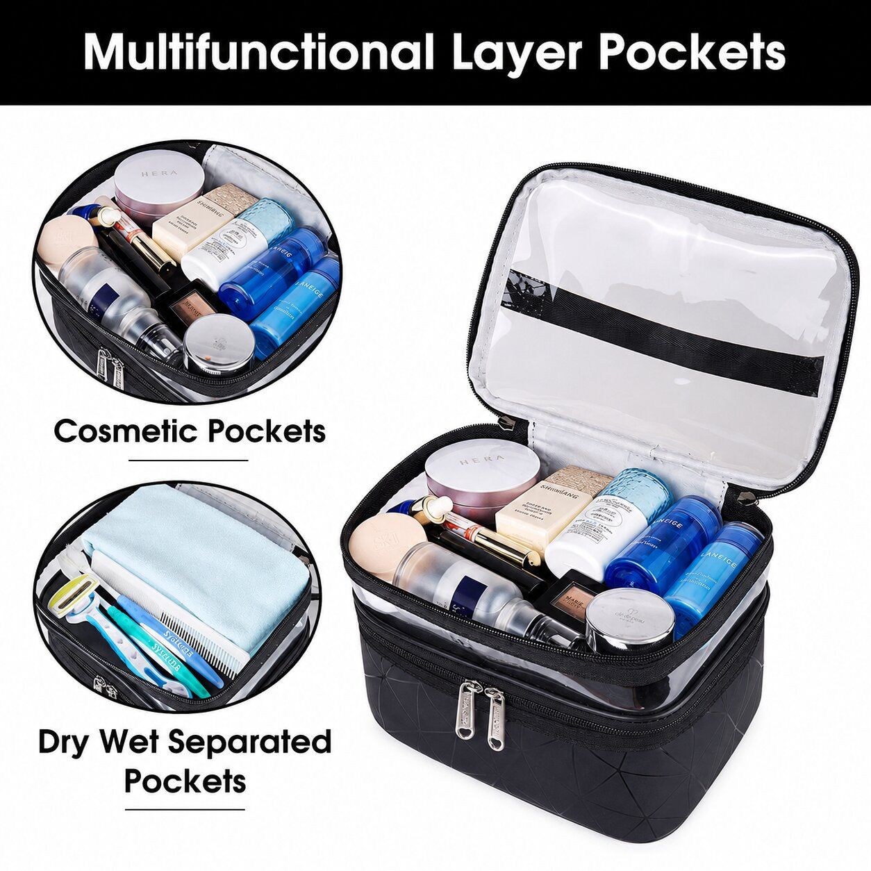 Lazer Double Layer Makeup Bag for Women – Clear Cosmetic Organizer Case, Travel Toiletry & Makeup Storage Pouch, Portable Makeup Organizer (Black)