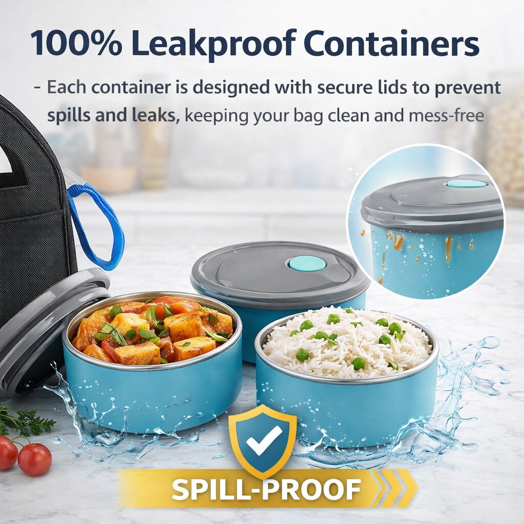 Lazer Stainless Steel Lunch Box Set 770ml – 3 Leakproof Containers, 500ml Steel Water Bottle, Cutlery & Insulated Carry Bag for Office, School & Travel (Blue)