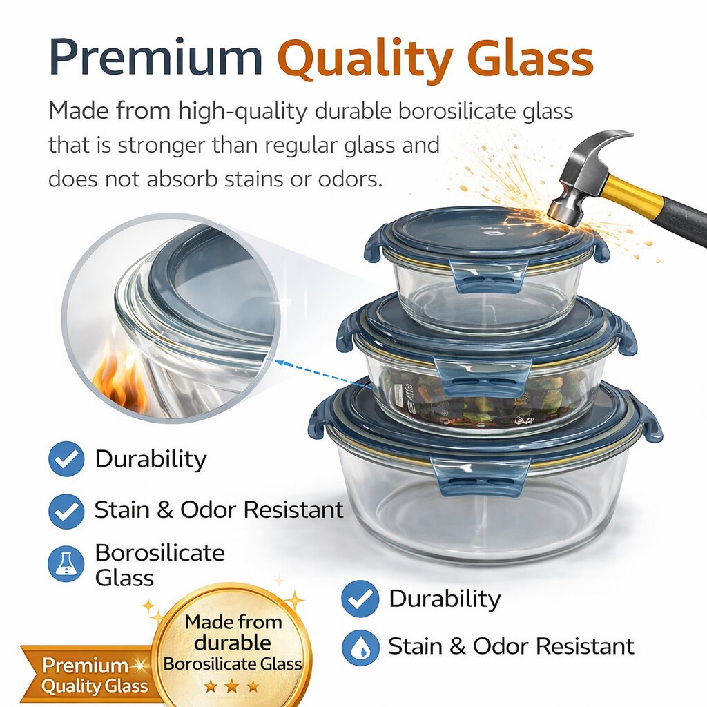 Lazer Glass Lunch Boxes Set of 3 Airtight Leakproof Food Storage Containers (370ml, 630ml, 930ml) with Locking Lid, Microwave Safe, BPA-Free Meal Prep for Office & Home