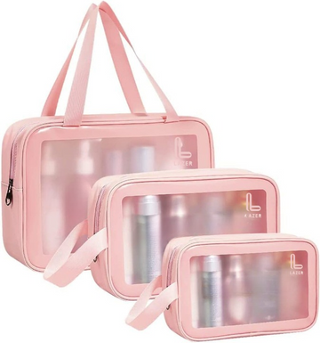 Lazer Makeup Travel Pouch, Cosmetic Bag, Travel kit Pouch for Toiletries, Brushes and Cosmetics - Set of 3 - Washbag Pouch - Pink