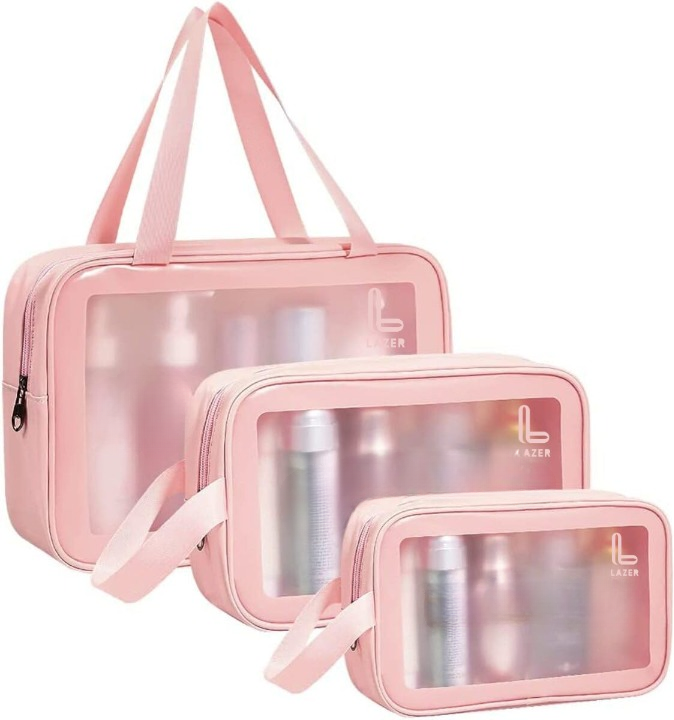 Lazer Makeup Travel Pouch, Cosmetic Bag, Travel kit Pouch for Toiletries, Brushes and Cosmetics - Set of 3 - Washbag Pouch - Pink