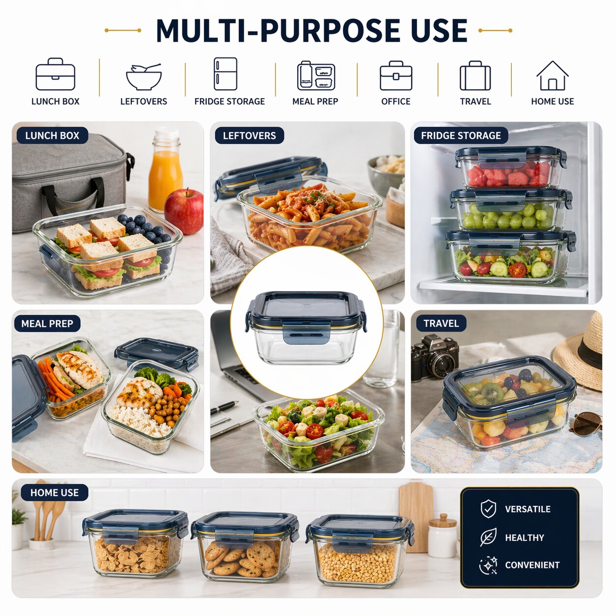 Lazer Glass Lunch Boxes Set of 3 Airtight Leakproof Food Storage Containers (500ml, 800ml, 1200ml) with Locking Lid, Microwave Safe, BPA-Free Meal Prep for Office & Home