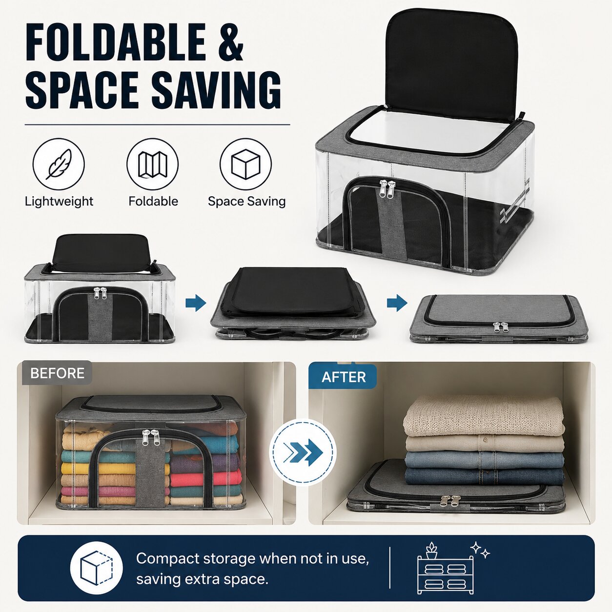 Lazer Pack of 2 Clothes Storage Bags – 33L Nylon Wardrobe Organizer with Transparent PVC Window, Moisture Proof Saree & Clothes Storage Box with Carry Handle (Grey, 44 x 31 x 24 cm)