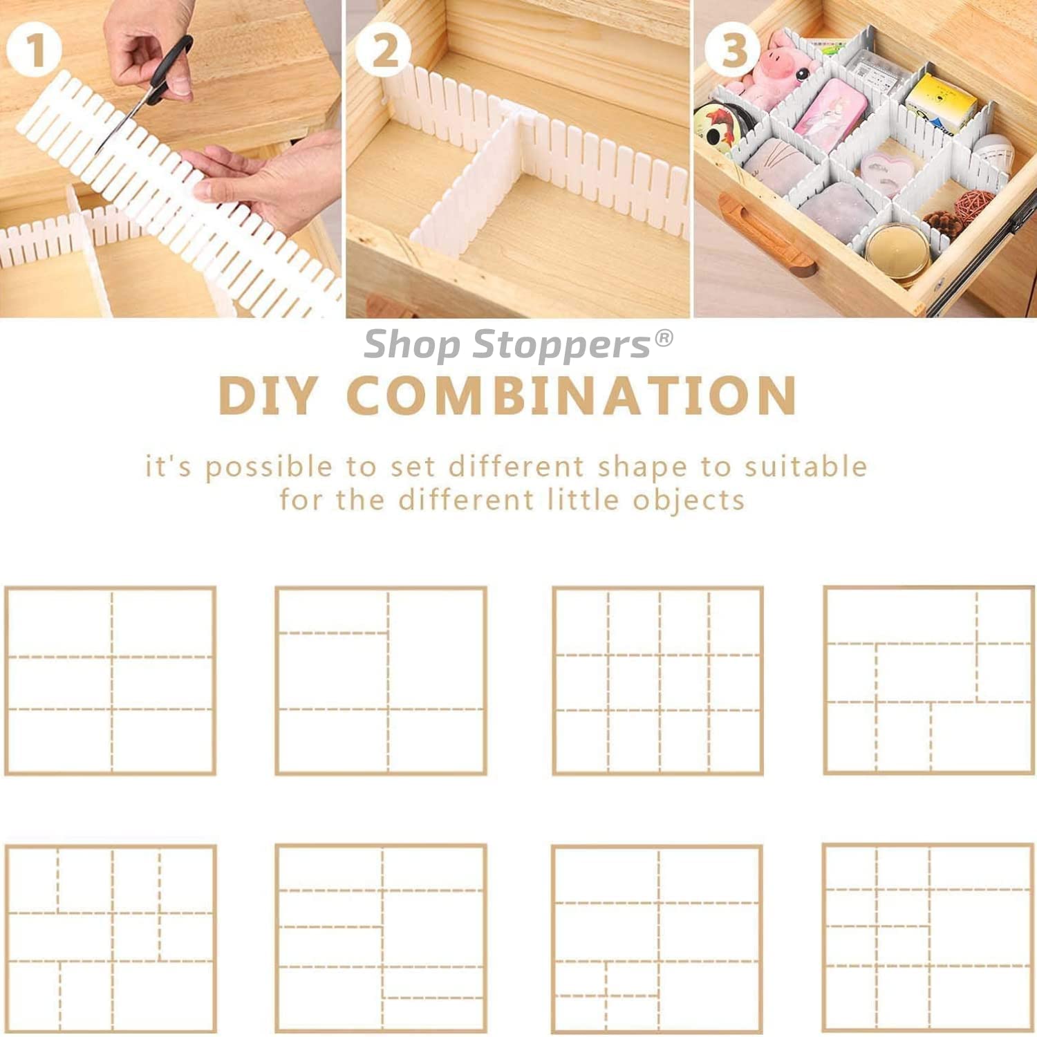 Lazer 8 Adjustable Strips Interlocking Self Assembly Plastic Drawer Divider Storage Organizer - Grid Closet Partition Strips for Home, Office, Wardrobe, Cabinet (Pack of 8)