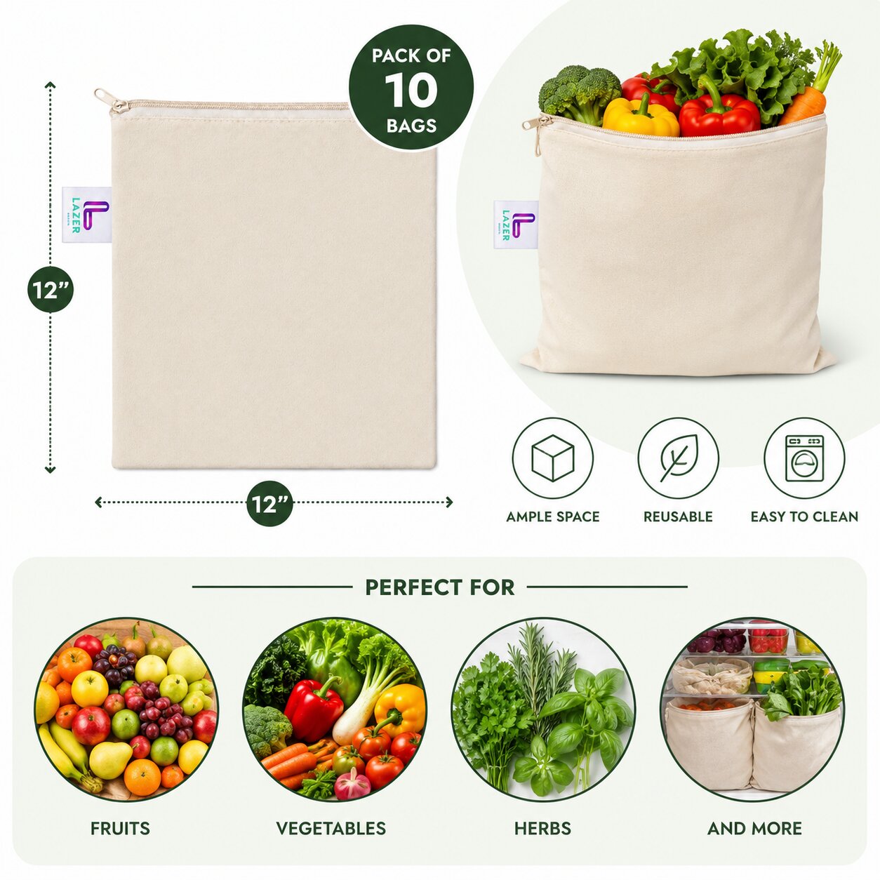 Lazer Reusable Vegetable Storage Bags Pack of 10 | 10x10 Inch Zip Lock Fridge Bags | Plastic Food & Jewellery Storage Pouches with Zipper