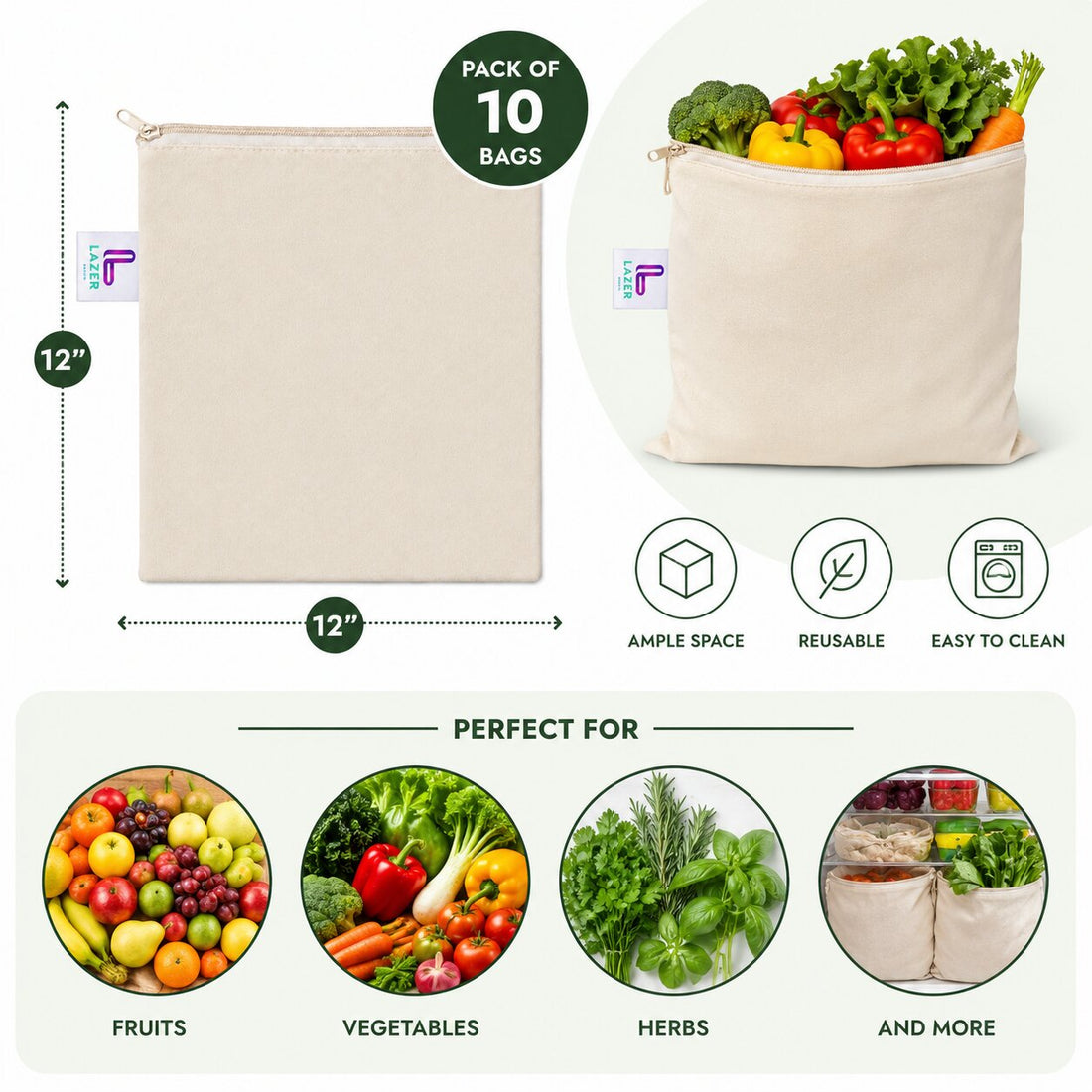 Lazer Cotton Reusable Vegetable Bags – Eco-Friendly, Breathable, and Washable Cloth Storage Bags for Fridge (12x12 Inches, Pack of 10)