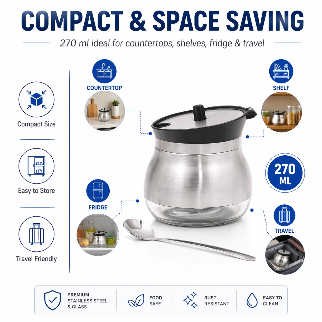 Lazer Glass & Stainless Steel Storage Jar with Spoon, 270 ml | Airtight Wide Mouth Container for Ghee, Sugar, Oil & Pickle | Kitchen Storage