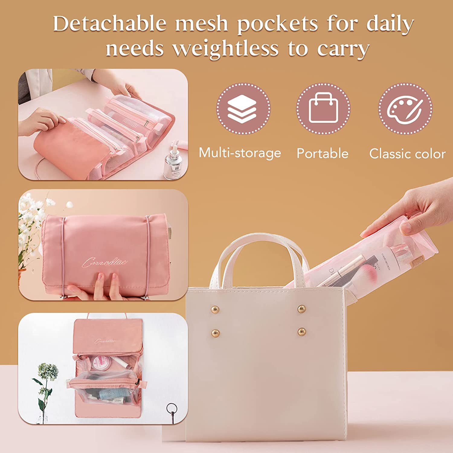 Lazer 4 in 1 Detachable Large Nylon Portable Cosmetic Mesh Bag, Makeup Organizer, Toiletry Pouch for Men and Women, Portable Travel Bag for Makeup Essentials (Baby Pink)