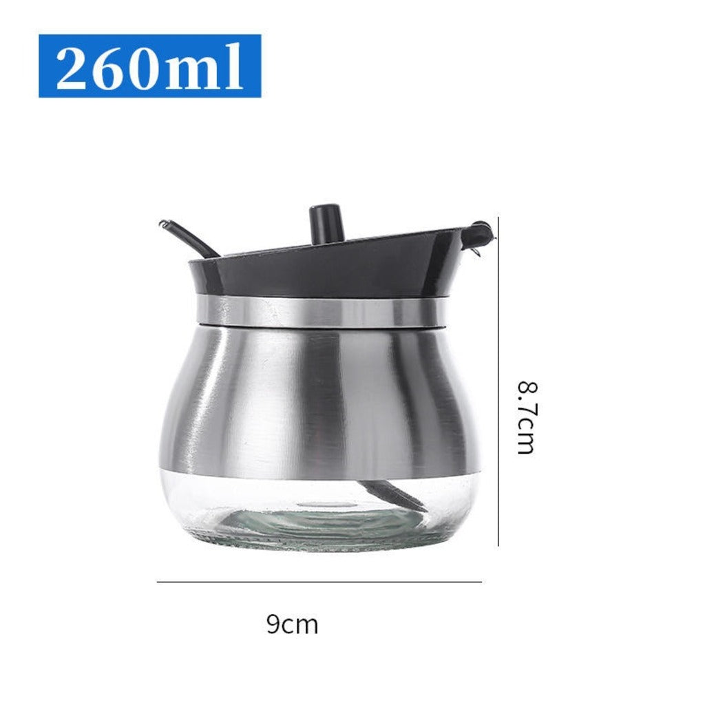 Lazer Glass & Stainless Steel Storage Jar with Spoon, 270 ml | Airtight Wide Mouth Container for Ghee, Sugar, Oil & Pickle | Kitchen Storage