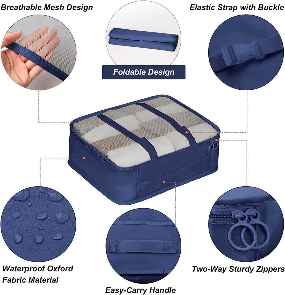 Lazer Polyester 7 Set Travel Organizer Bag 3 Packing Cubes + 3 Pouches + 1 Toiletry Organizer Bag W-28 Cm, H-11 Centimeters - Dark Blue