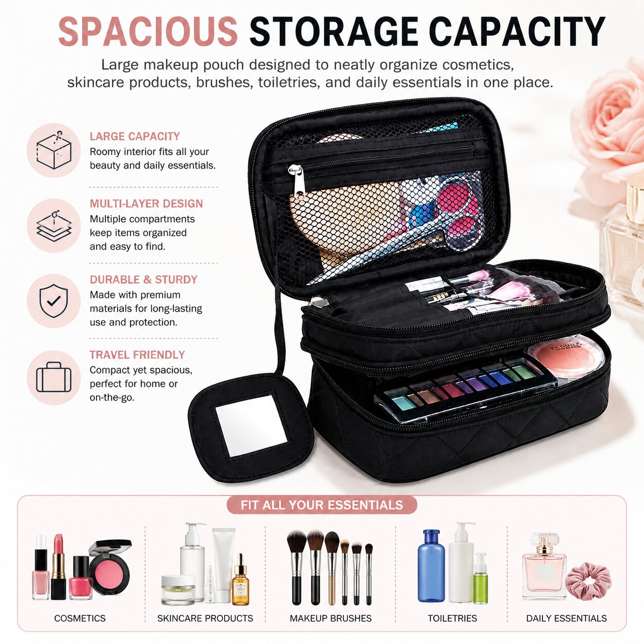 Lazer Makeup Pouch Bag Organiser with Mirror – Large Travel Cosmetic Vanity Bag for Women, Portable Makeup Organizer Case, Black