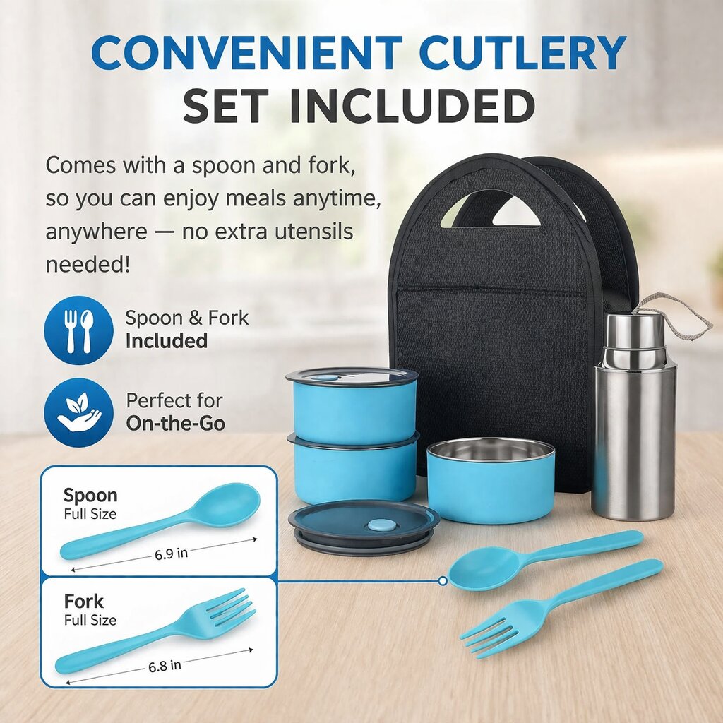 Lazer Stainless Steel Lunch Box Set 770ml – 3 Leakproof Containers, 500ml Steel Water Bottle, Cutlery & Insulated Carry Bag for Office, School & Travel (Blue)