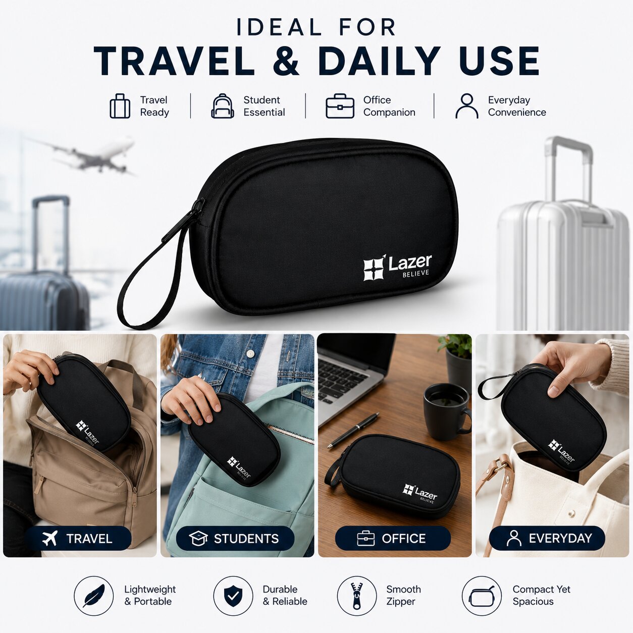 Lazer Premium Travel Pouch Multipurpose Organizer Bag for Toiletries, Cables, Stationery & Daily Essentials | Lightweight Zipper Carry Case for Travel, School & Office (Black)