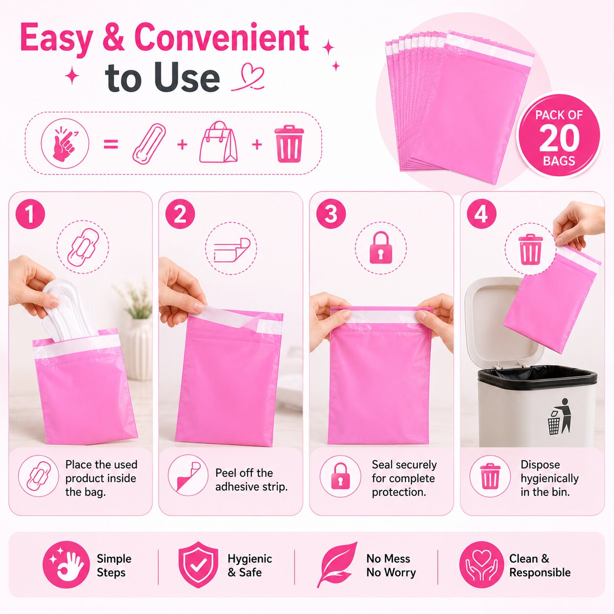 Lazer Pack of 20 Sanitary Napkin Disposal Bags for Women | Pink Self-Sealing Feminine Hygiene Disposal Bags for Pads & Tampons | Leakproof Privacy Disposal Covers | 8 x 11 Inches