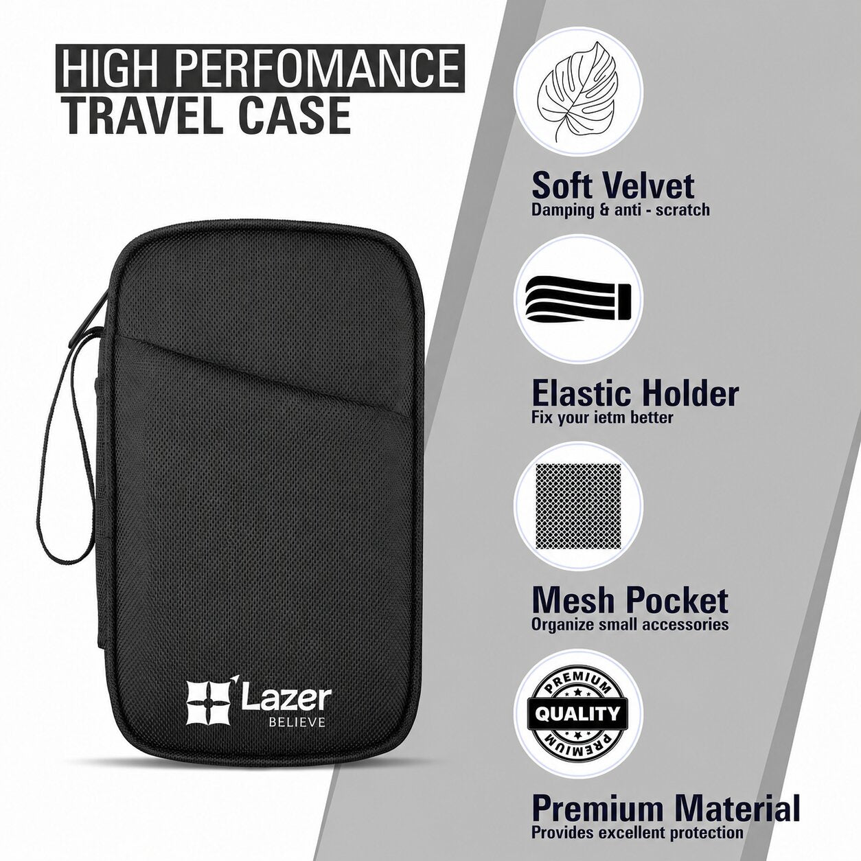 Lazer Travel Organizer Pouch with Wrist Strap, Premium Zippered Storage Case for Passport, Documents, Cables, Gadgets & Accessories, Lightweight Durable Portable Bag (Black)