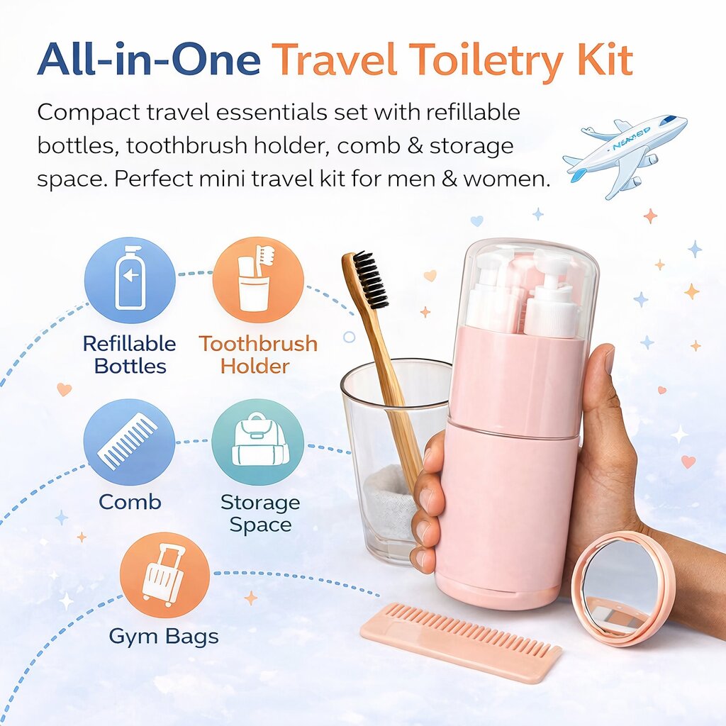 Lazer 7 in 1 Travel Kit for Toiletries, Compact Travel Essentials Set with Bottles, Toothbrush Holder & Leakproof Dispensers for Men & Women (Peach)