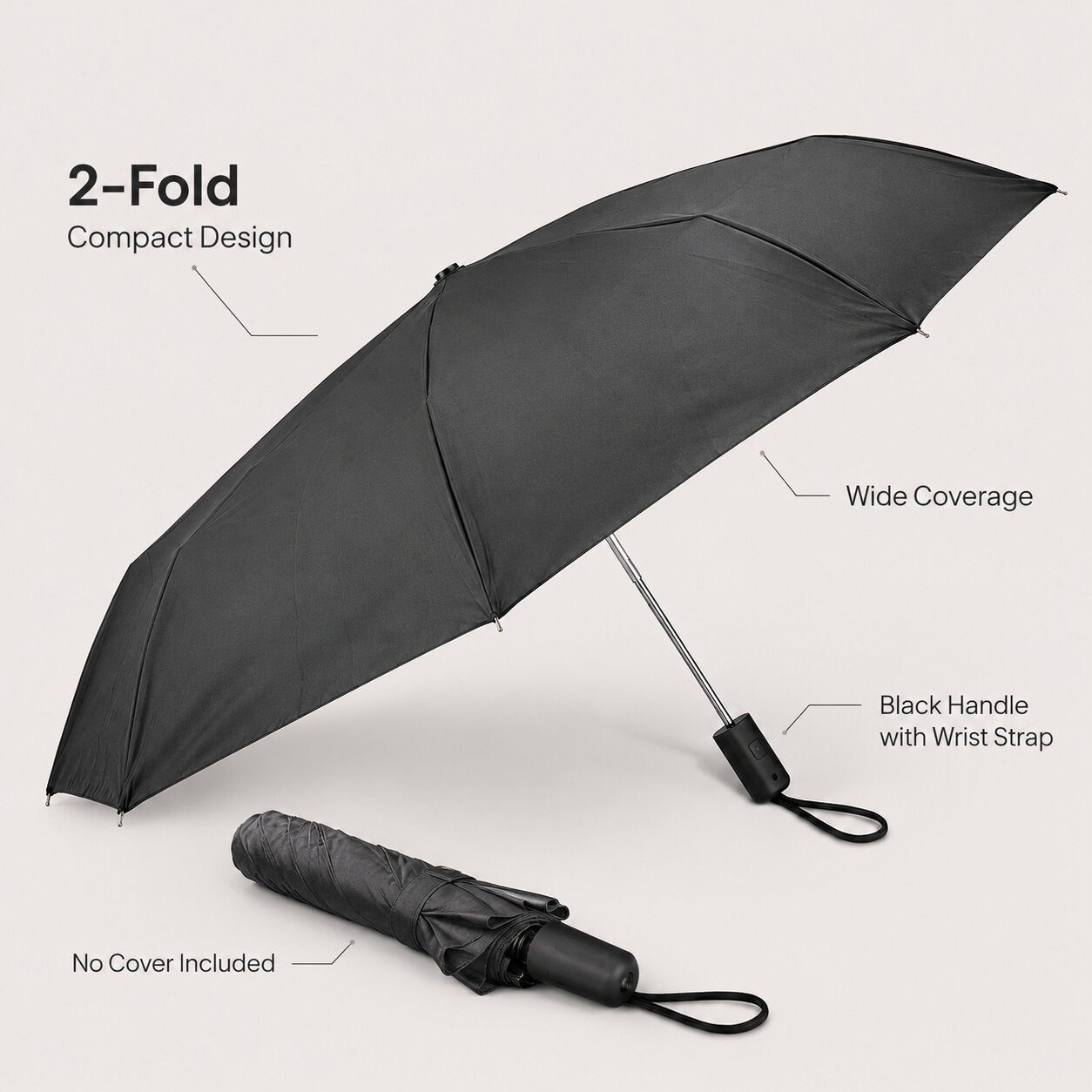Lazer Shine 2-Fold 42 Inches Umbrella – Auto Open, Waterproof, Windproof, UPF 50+ Sun Protection, Large Compact Umbrella for Men, Women & Kids, Black