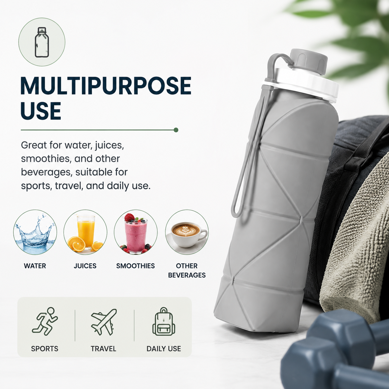 Lazer Silicone Foldable Travel Water Bottle 600ml – BPA-Free, Leakproof & Reusable for Hiking, Camping, Cycling, Yoga & Outdoor Sports (Grey)