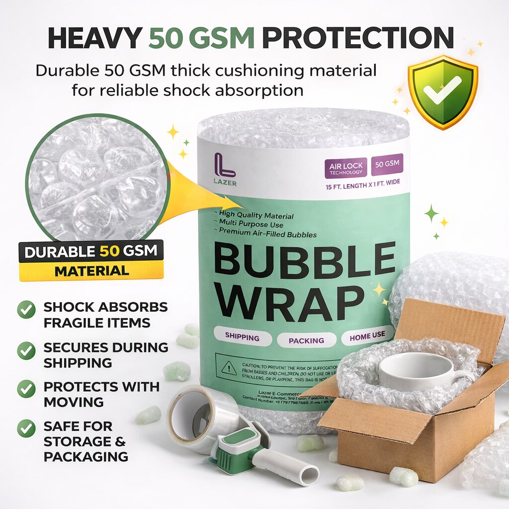 Lazer 50 GSM Pack of 2 Bubble Wrap Roll – 1 Ft Wide x 15 Ft Long, Thick Cushioning for Shipping, Moving & Storage