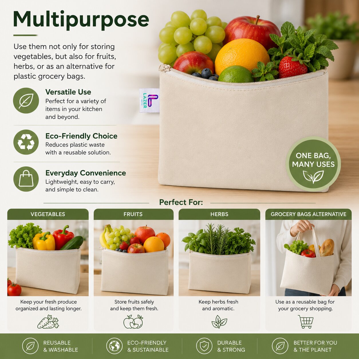 Lazer Reusable Vegetable Storage Bags Pack of 10 | 10x10 Inch Zip Lock Fridge Bags | Plastic Food & Jewellery Storage Pouches with Zipper