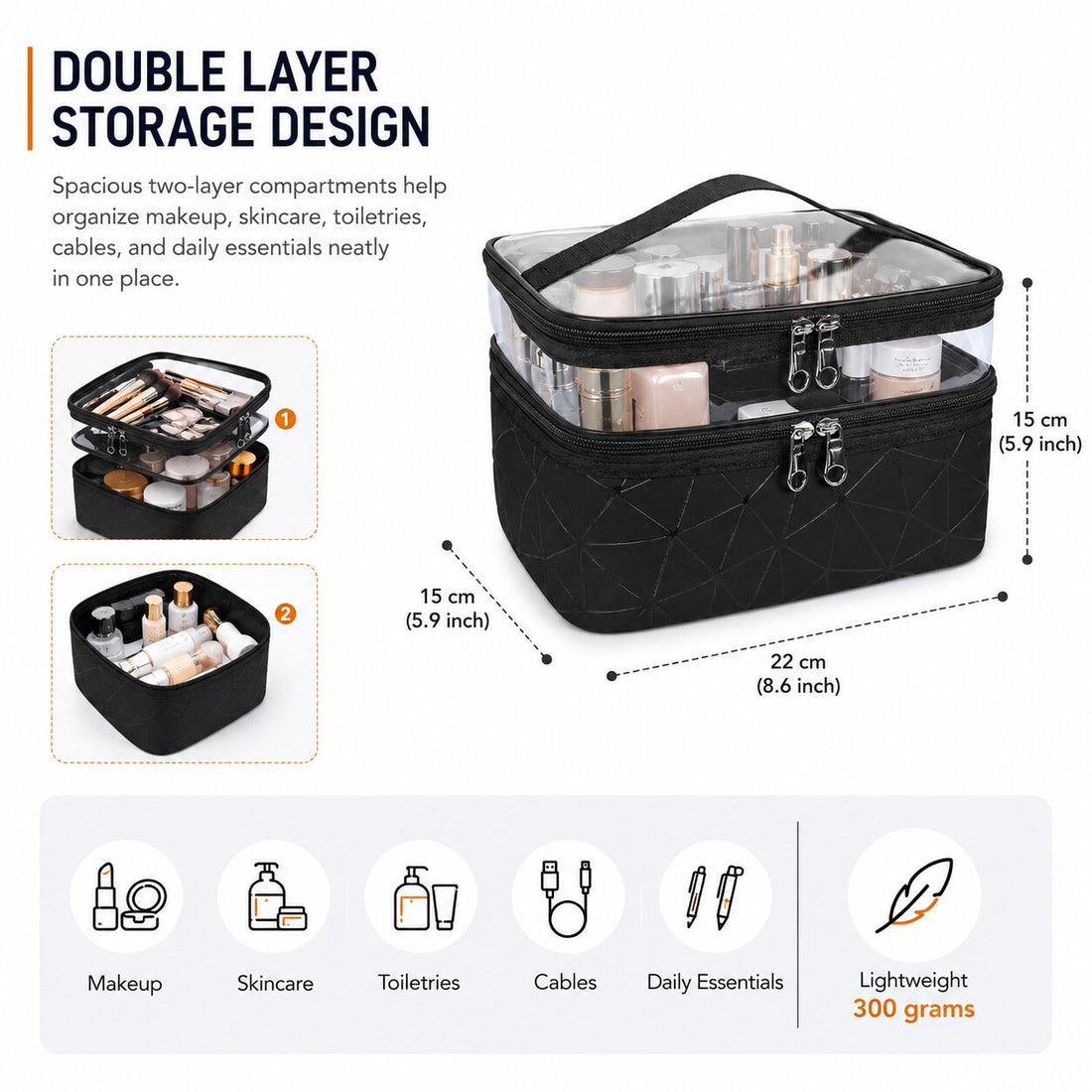 Lazer Double Layer Makeup Bag for Women – Clear Cosmetic Organizer Case, Travel Toiletry & Makeup Storage Pouch, Portable Makeup Organizer (Black)