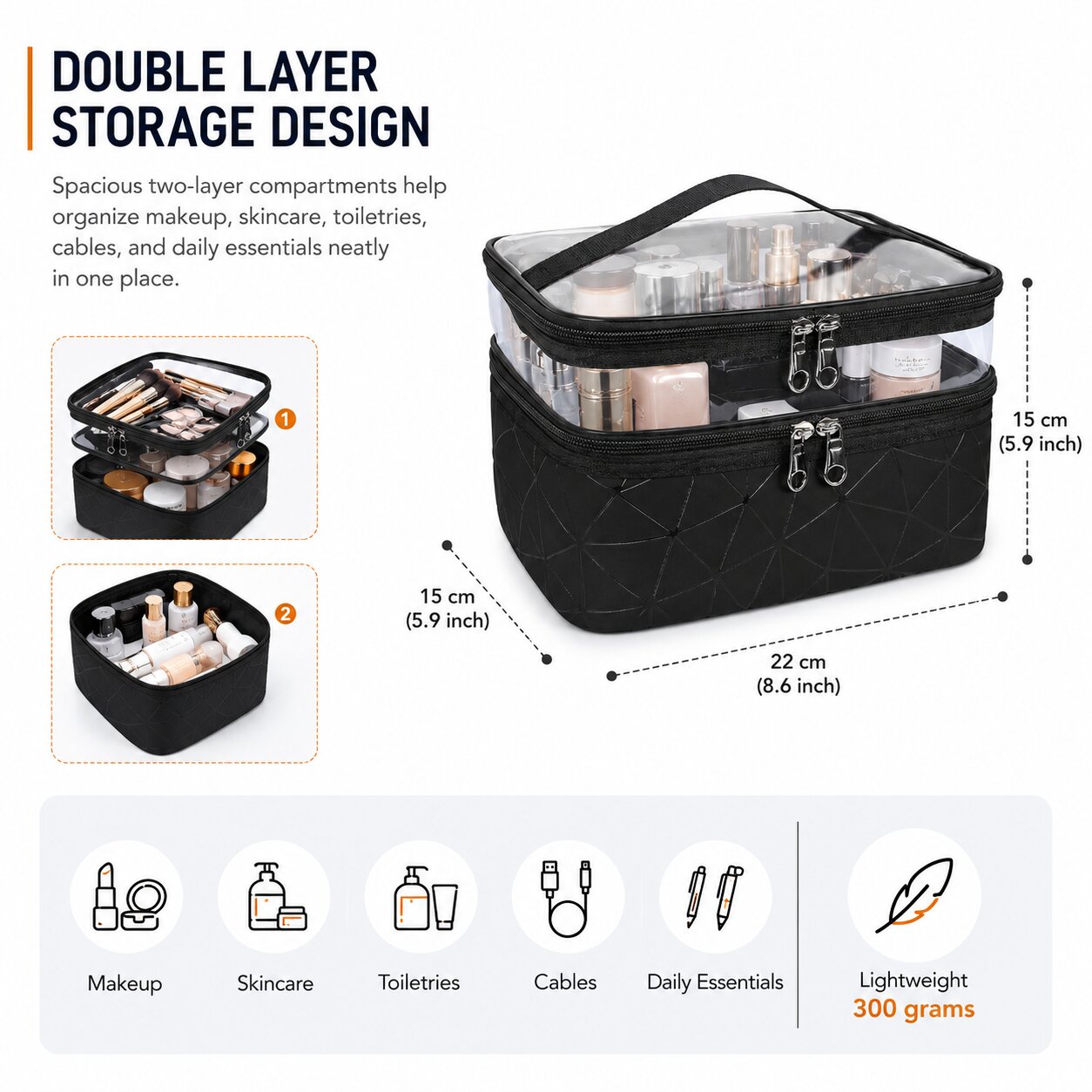 Lazer Double Layer Makeup Bag for Women – Clear Cosmetic Organizer Case, Travel Toiletry & Makeup Storage Pouch, Portable Makeup Organizer (Black)