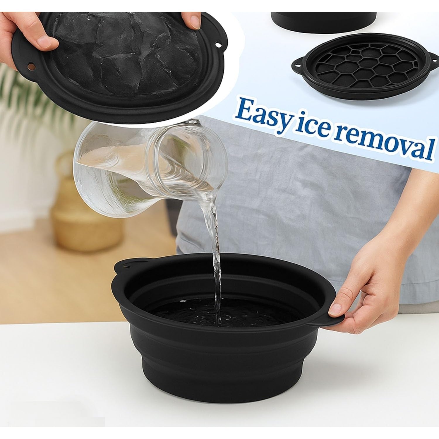 Lazer Silicone Collapsible Face Bowl with Ice Tray, BPA-Free Round Face Bath Bowl for Skincare, Soaking & Washing, Dishwasher Safe (Black, Pack of 1)