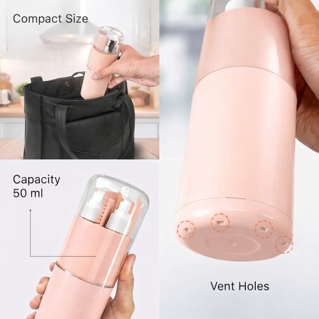 Lazer 7 in 1 Travel Kit for Toiletries, Compact Travel Essentials Set with Bottles, Toothbrush Holder & Leakproof Dispensers for Men & Women (Peach)
