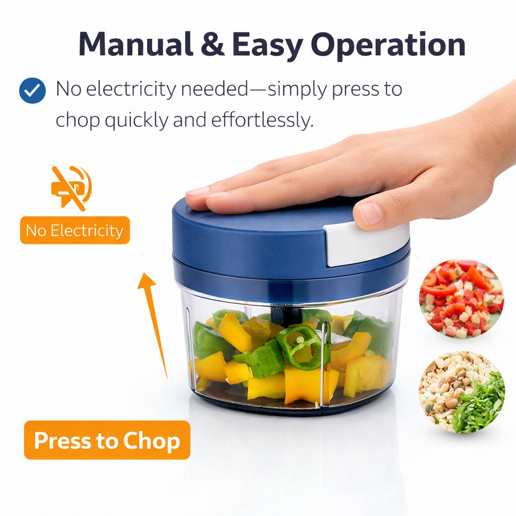 Lazer 650ml Manual Handy Chopper with 3 Stainless Steel Blades | Multipurpose Vegetable & Fruit Cutter for Kitchen (Blue)
