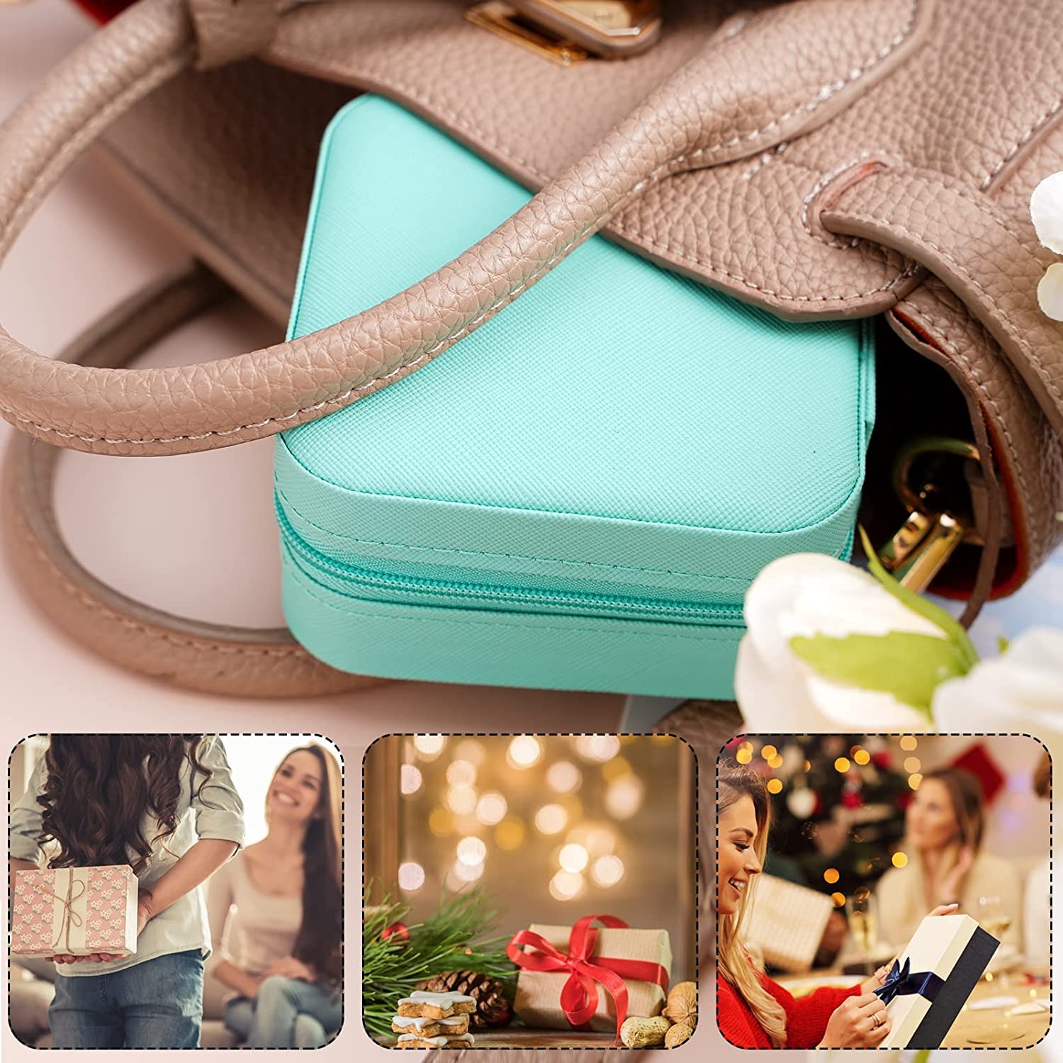 Lazer Jewellery Organiser PU Leather Zipper Square Portable Mini Square Storage Box Case with Dividers Container for Rings, Earrings, Necklace Home Organizer