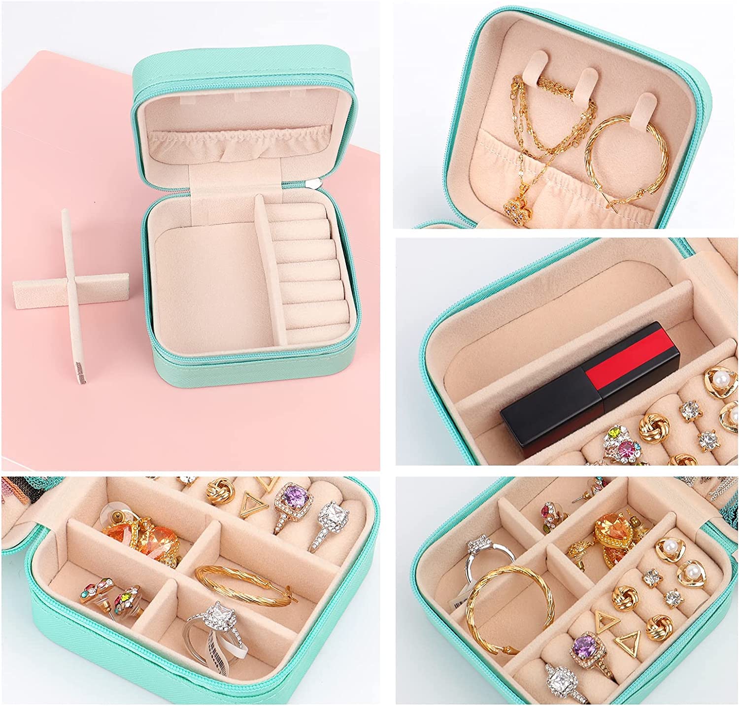 Lazer Jewellery Organiser PU Leather Zipper Square Portable Mini Square Storage Box Case with Dividers Container for Rings, Earrings, Necklace Home Organizer