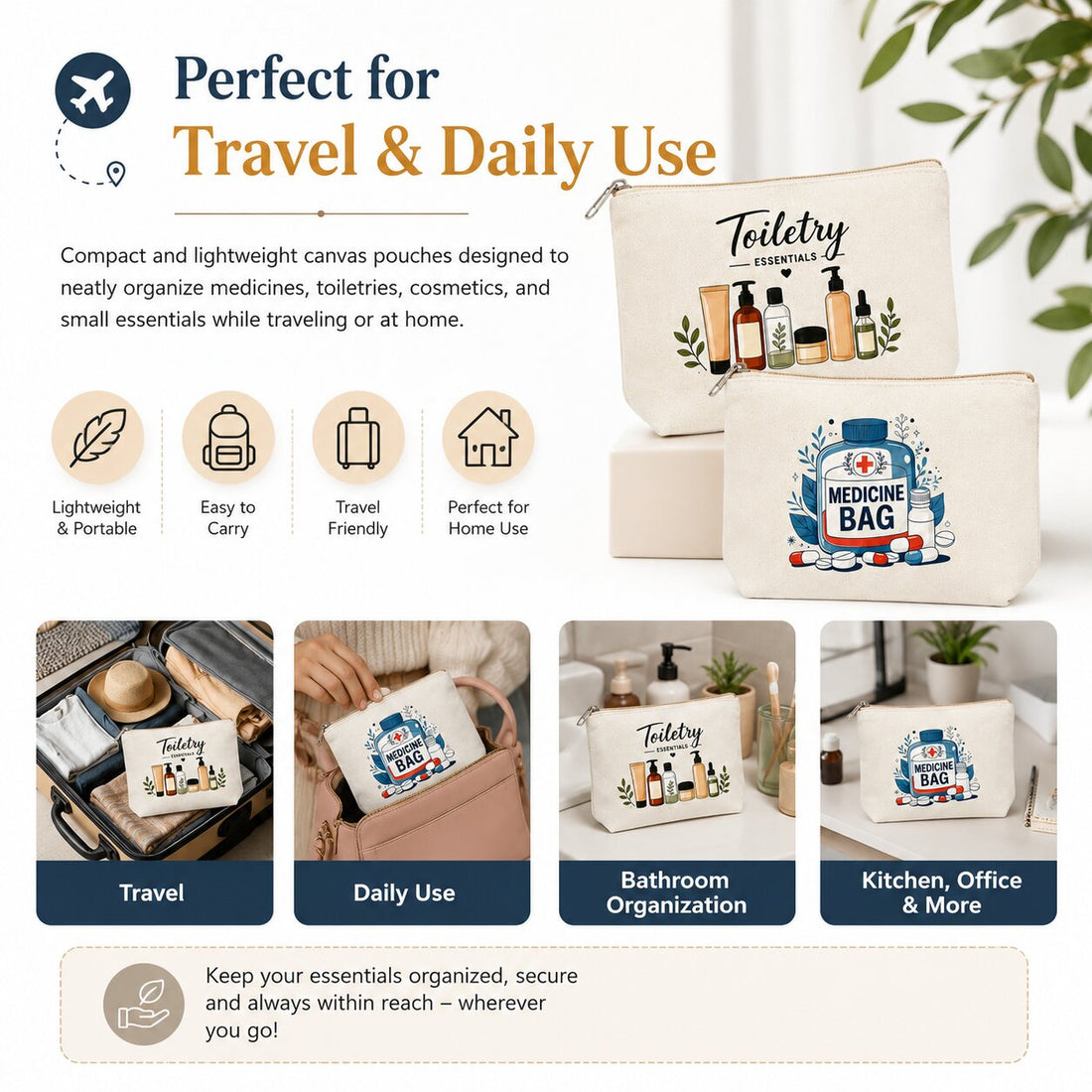 Lazer Printed Cotton Canvas Travel Pouch Set of 2 – Medicine Bag & Toiletry Organizer for Medications, Cosmetics, Toiletries & Daily Essentials
