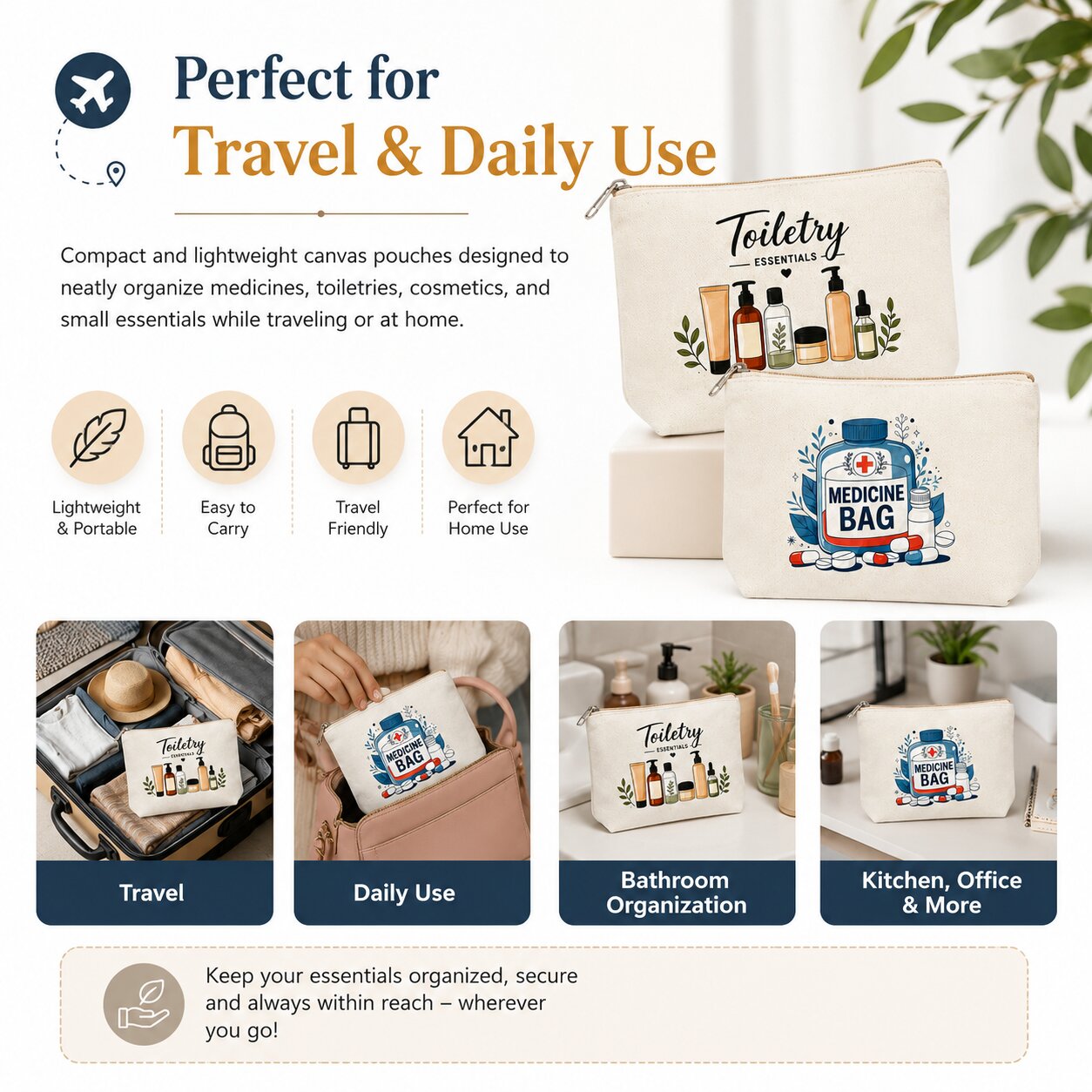 Lazer Printed Cotton Canvas Travel Pouch Set of 2 – Medicine Bag & Toiletry Organizer for Medications, Cosmetics, Toiletries & Daily Essentials