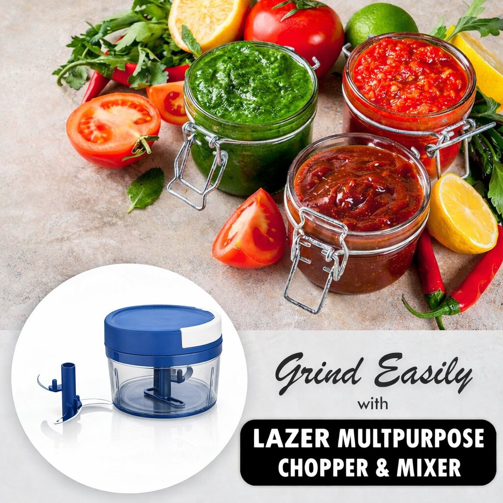 Lazer 650ml Manual Handy Chopper with 3 Stainless Steel Blades | Multipurpose Vegetable & Fruit Cutter for Kitchen (Blue)