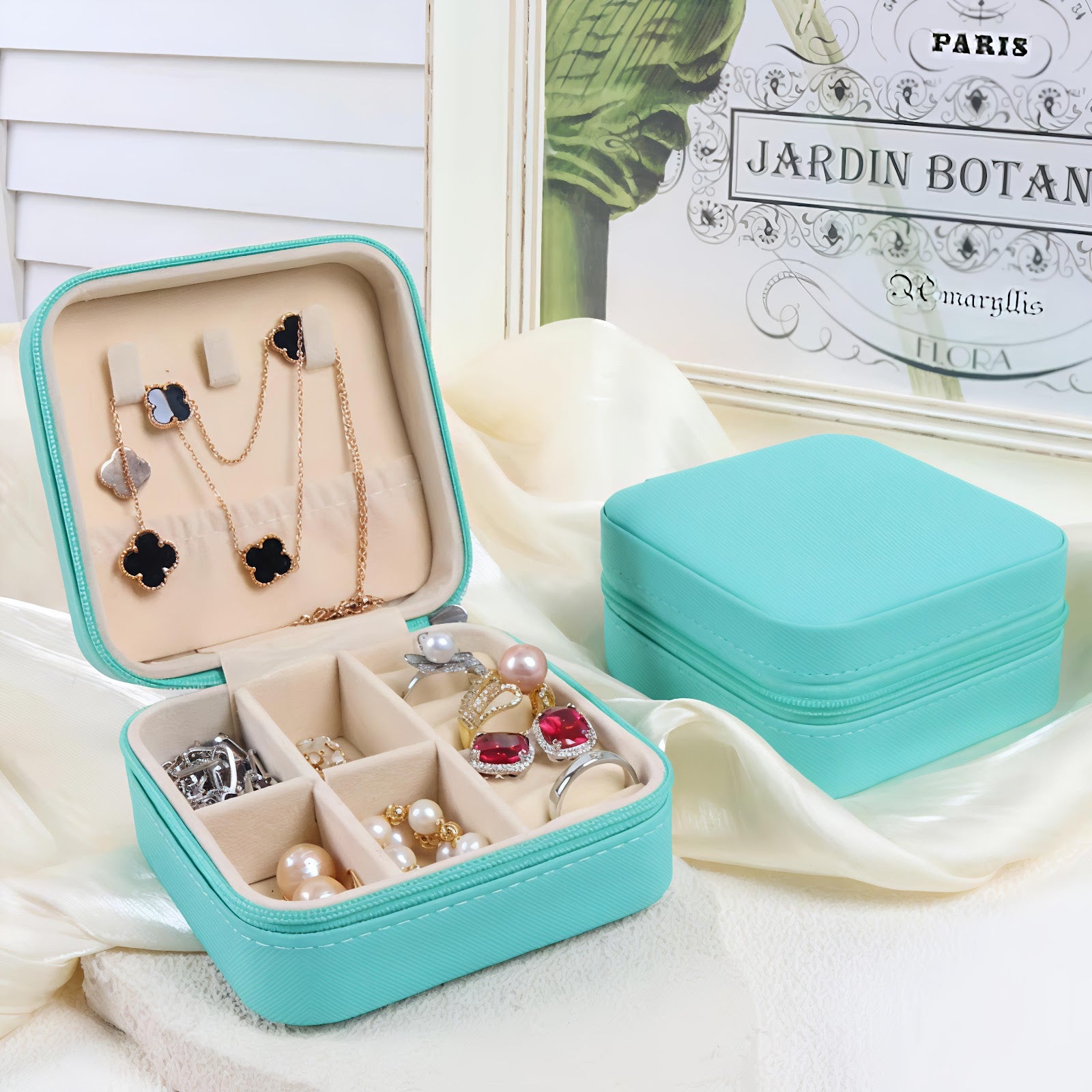 Lazer Jewellery Organiser PU Leather Zipper Square Portable Mini Square Storage Box Case with Dividers Container for Rings, Earrings, Necklace Home Organizer