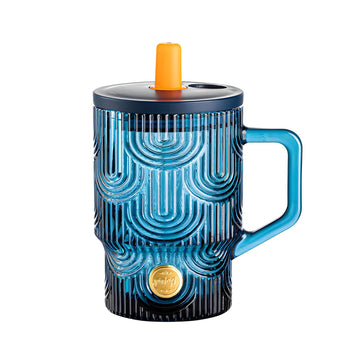 Lazer Reusable Glass Tumbler with Lid & Straw, 440ml Multipurpose Drinking Glass Travel Coffee Sipper Mug for Juice, Smoothies, Iced Tea & Cold Beverages, Dark Blue