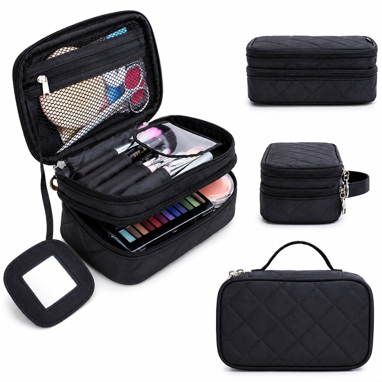 Lazer Makeup Pouch Bag Organiser with Mirror – Large Travel Cosmetic Vanity Bag for Women, Portable Makeup Organizer Case, Black
