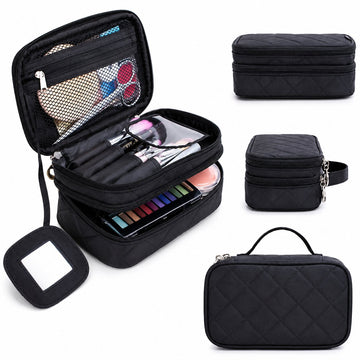 Lazer Makeup Pouch Bag Organiser with Mirror – Large Travel Cosmetic Vanity Bag for Women, Portable Makeup Organizer Case, Black