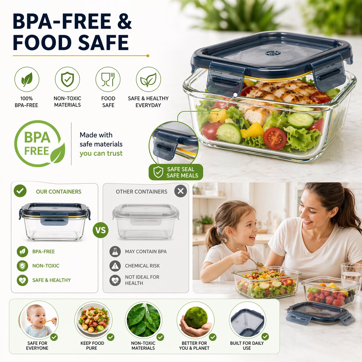 Lazer Glass Lunch Boxes Set of 3 Airtight Leakproof Food Storage Containers (500ml, 800ml, 1200ml) with Locking Lid, Microwave Safe, BPA-Free Meal Prep for Office & Home