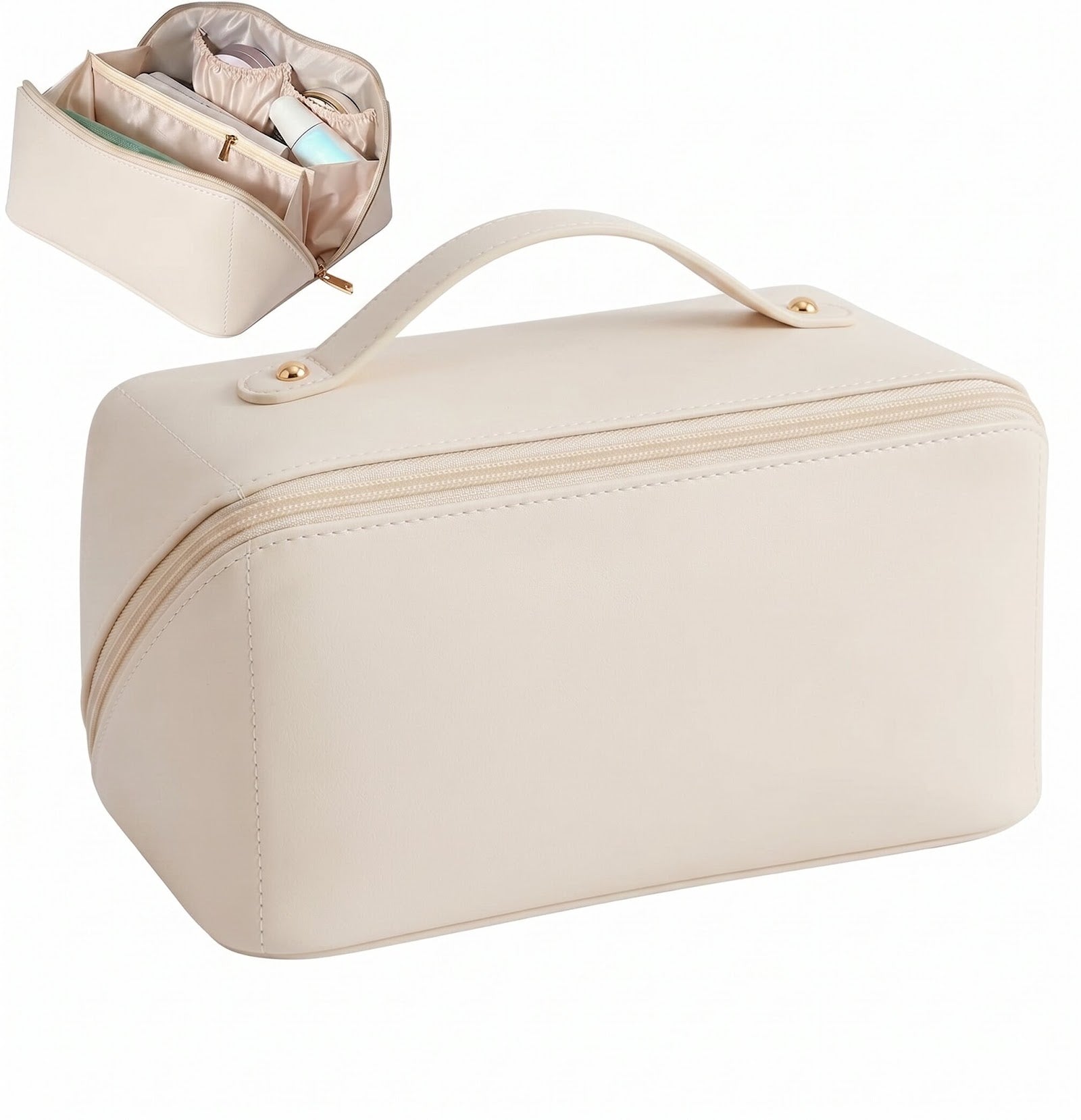 Lazer Travel Cosmetic Makeup Pouches for Women Travel Organizer Bag Portable Pouch Open Flat Toiletry Bag Make Up Organizer with Divider and Handle (White)