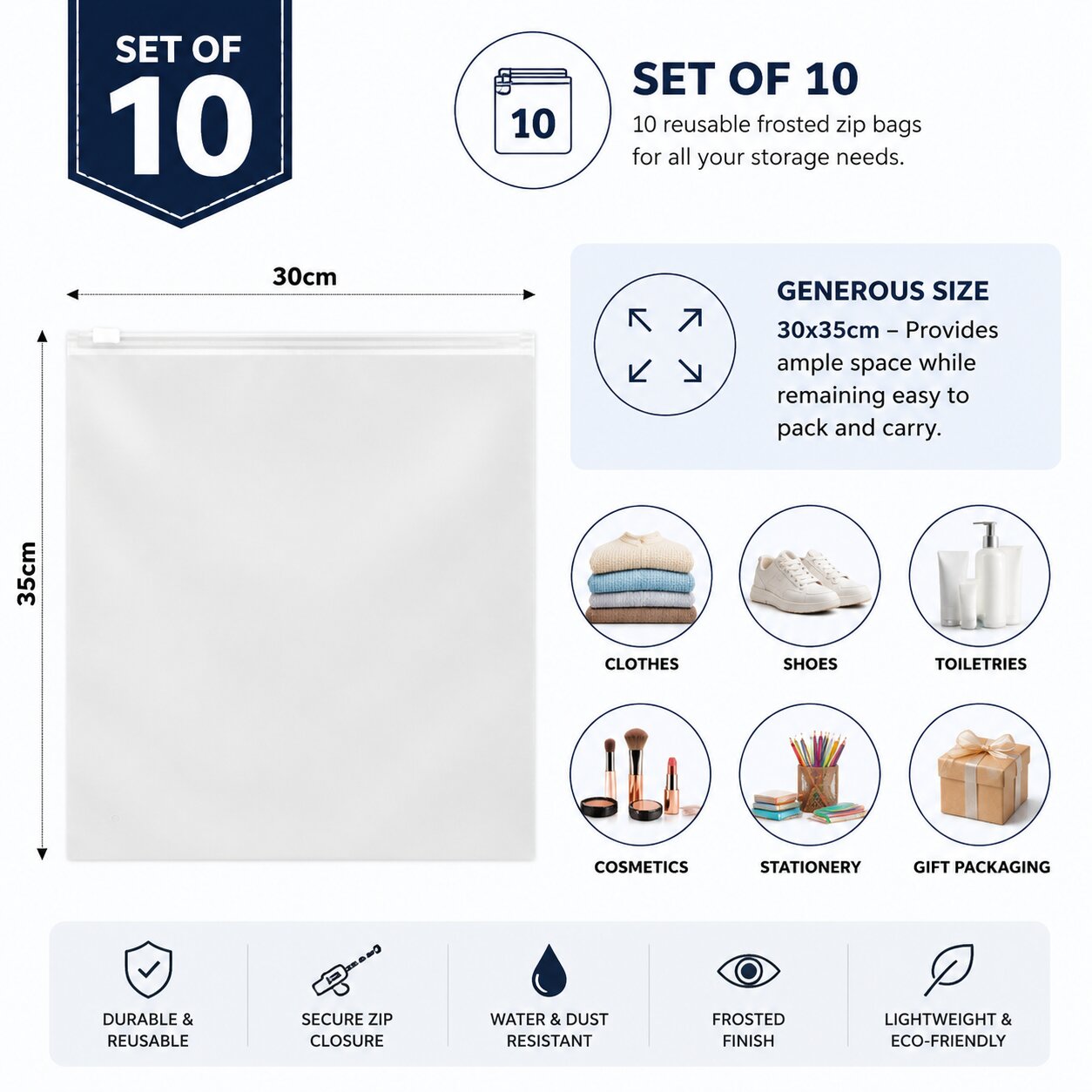 Lazer Pack of 10 Reusable Frosted Zip Bags – Multipurpose Travel Storage Pouches for Clothes, Shoes, Toiletries, Cosmetics & Stationery – Gift & Travel Essentials – 30*35cm